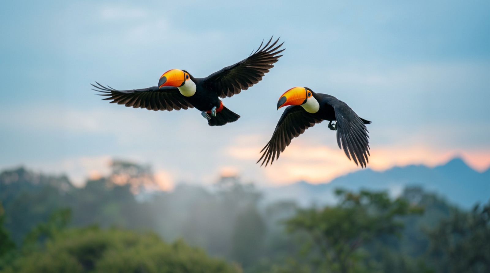 Two toucans flying over the rainforest at dusk